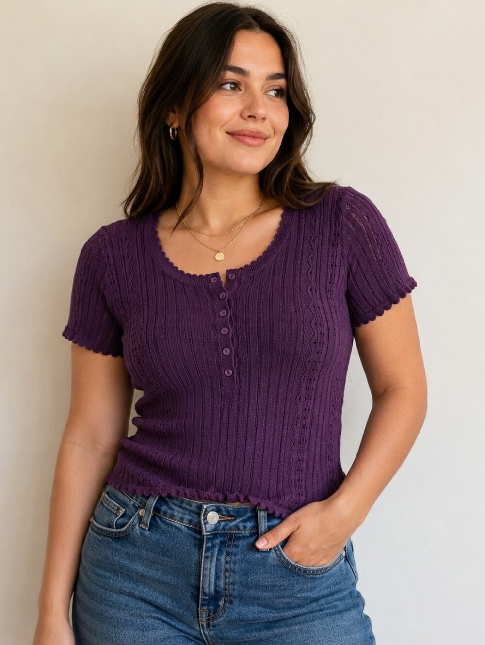 American Eagle XL Purple Pointelle Ribbed Button Front Knit Top Contemporary, Ro